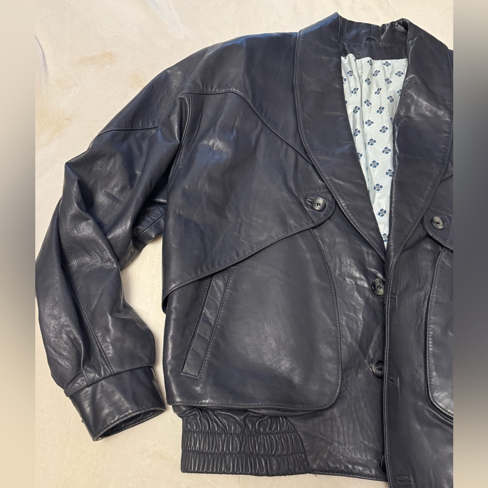 Brooks Brothers Navy Leather Bomber Jacket